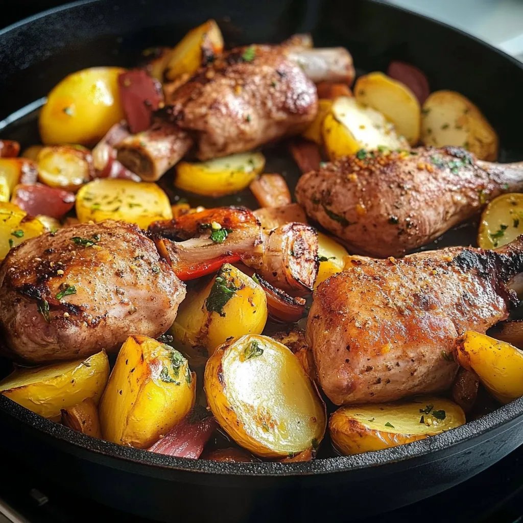 Hähnchenschenkel mit Gemüse und Kartoffeln aus dem Ofen