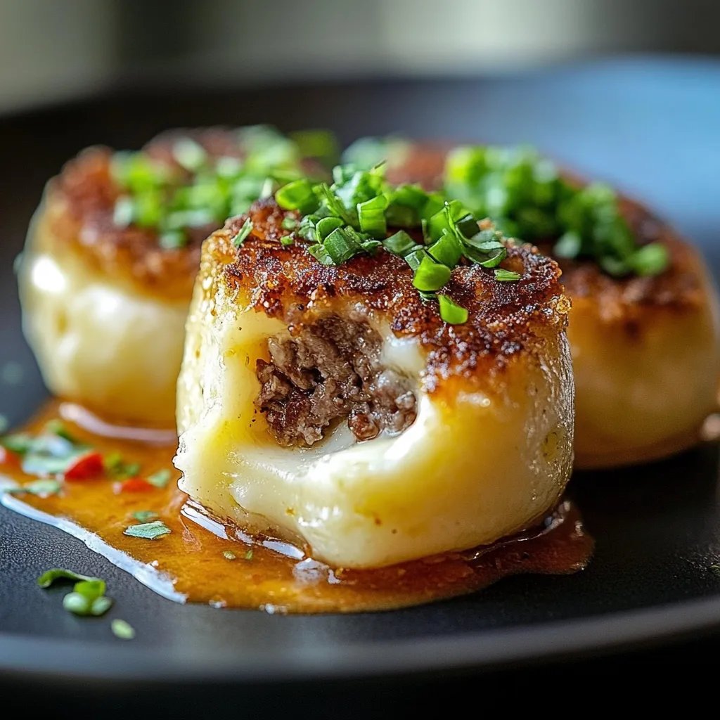 Knusprige Kartoffelbrei-Klöße gefüllt mit Käse und Rindfleisch
