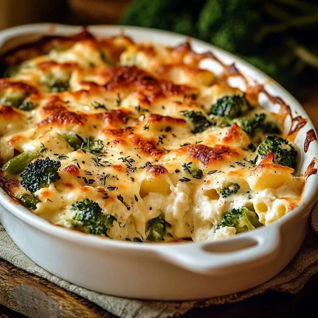 Brokkoli Hähnchen Auflauf mit Frischkäse und Mozzarella